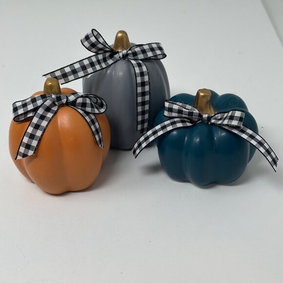 Fall Mini Pumpkins Set Orange Gray Teal with Gingham Bow Farmhouse Tiered Tray - Picture 10 of 11